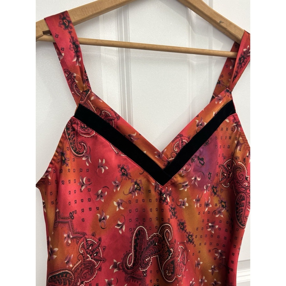 VTG whimsigoth Satin Slip Dress Red Paisley Fairy Grunge Y2K Velvet Trim M 0362 - Picture 3 of 7